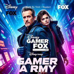 A dynamic and adventurous movie poster for "Gamer Army," a collaborative film by Disney and Fox featuring Ryan Reynolds and Timothée Chalamet