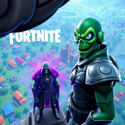 A Fortnite scene featuring the Ghoul Trooper character, looking down from a high vantage point on the map, spotting the Doctor Doom skin below