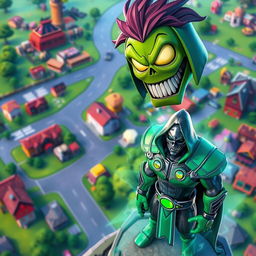 A Fortnite scene featuring the Ghoul Trooper character, looking down from a high vantage point on the map, spotting the Doctor Doom skin below