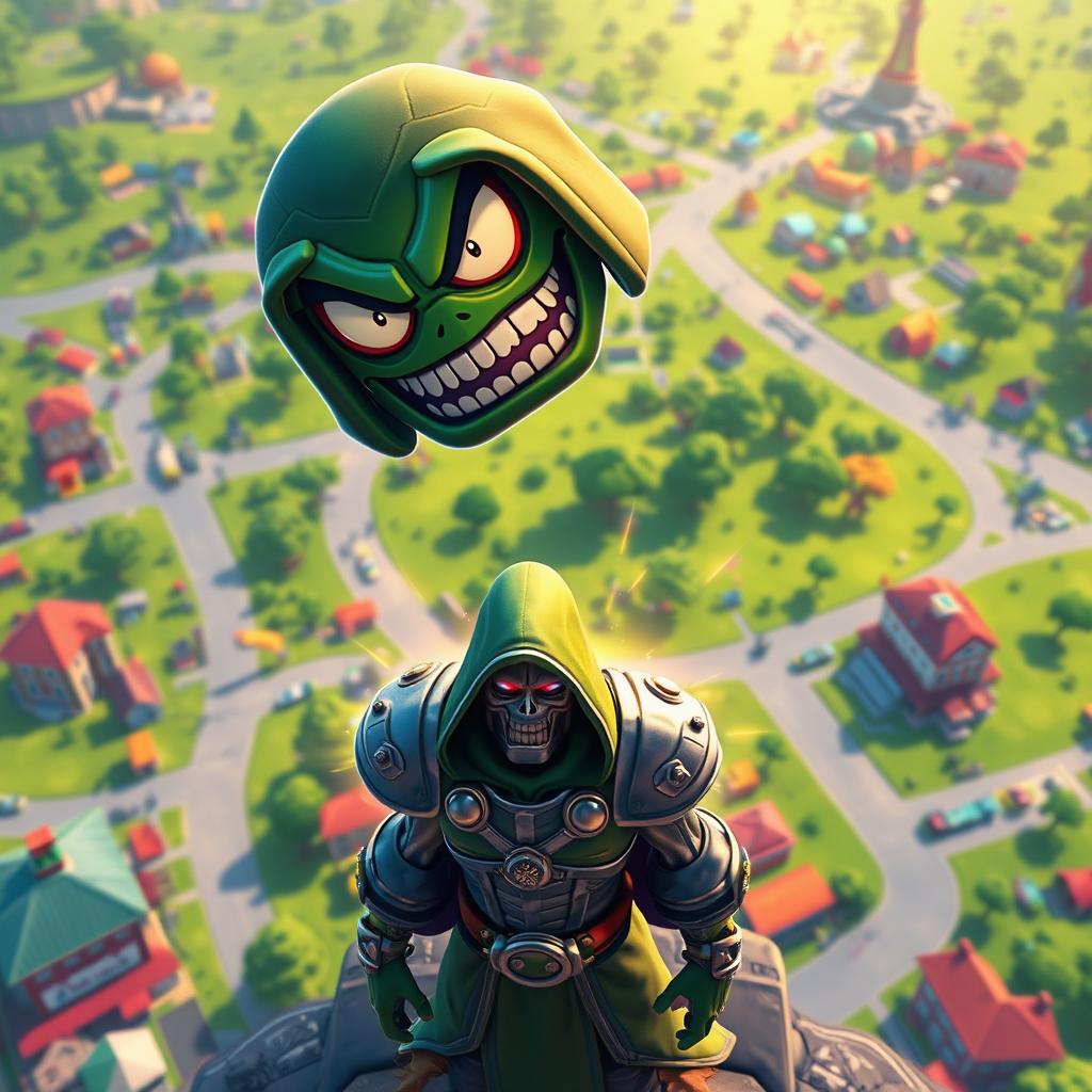 A Fortnite scene featuring the Ghoul Trooper character, looking down from a high vantage point on the map, spotting the Doctor Doom skin below