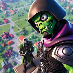 A Fortnite scene featuring the Ghoul Trooper character, looking down from a high vantage point on the map, spotting the Doctor Doom skin below