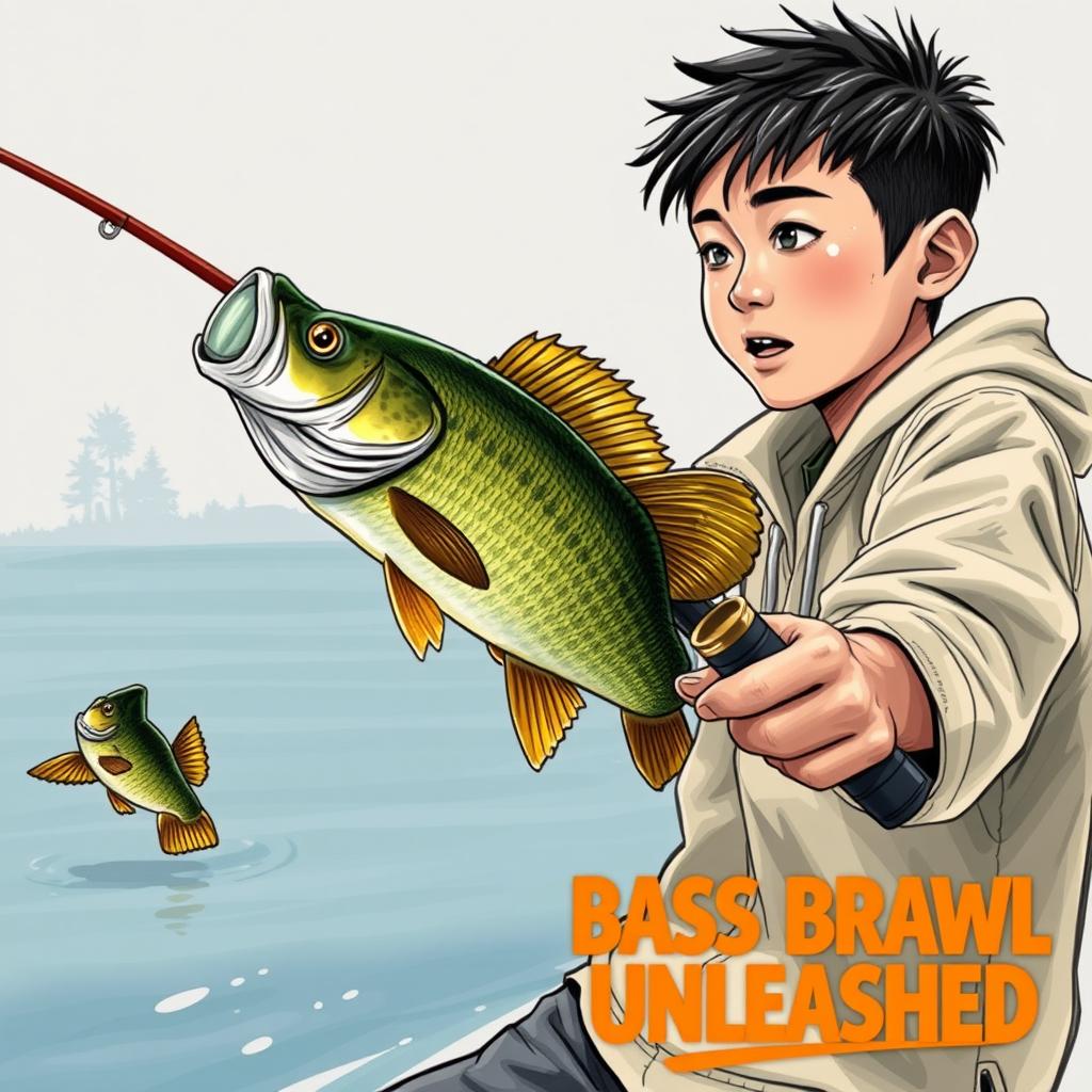 A dynamic, art realistic fishing scene capturing a young Asian fisherman with narrow eyes and an enthusiastic expression