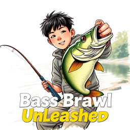 A dynamic, art realistic fishing scene capturing a young Asian fisherman with narrow eyes and an enthusiastic expression