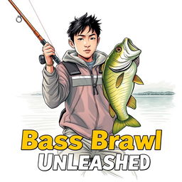 A dynamic, art realistic fishing scene capturing a young Asian fisherman with narrow eyes and an enthusiastic expression