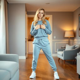 A young 18-year-old blonde woman, wearing a gray blouse that reaches her belly, light blue sweatpants, and white sneakers