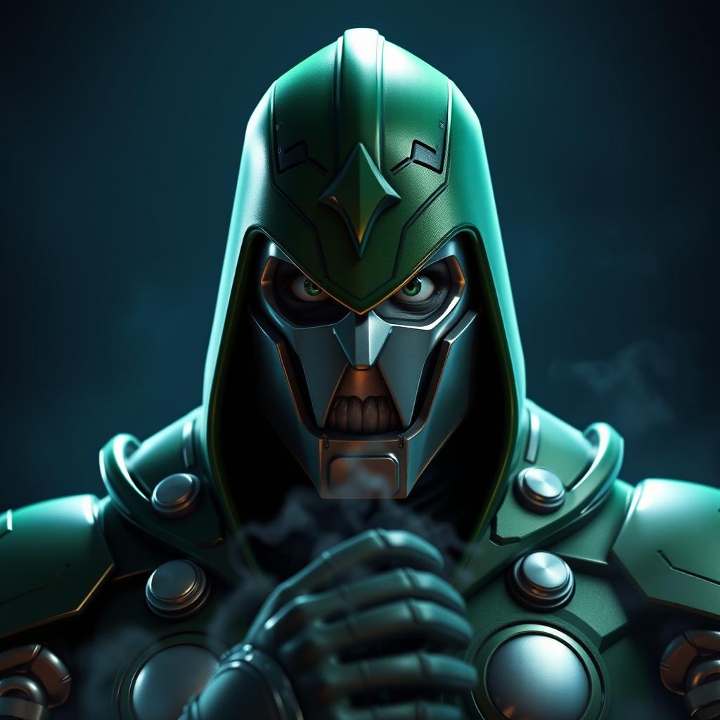 A Fortnite scene featuring the Doctor Doom character looking mysterious and directly into the camera