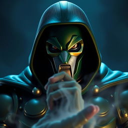 A Fortnite scene featuring the Doctor Doom character looking mysterious and directly into the camera