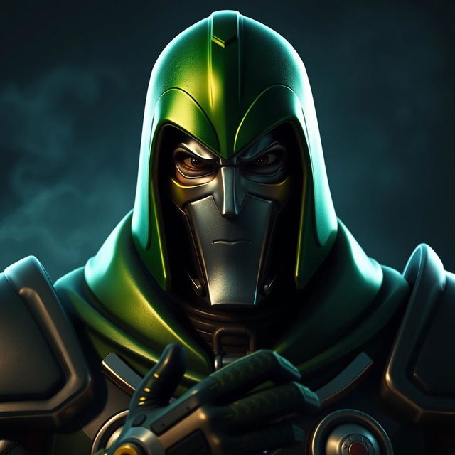 A Fortnite scene featuring the Doctor Doom character looking mysterious and directly into the camera