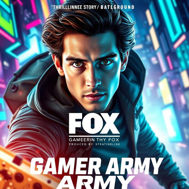 An action-packed movie poster for "Gamer Army," produced by Fox, starring Timothée Chalamet