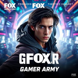 An action-packed movie poster for "Gamer Army," produced by Fox, starring Timothée Chalamet