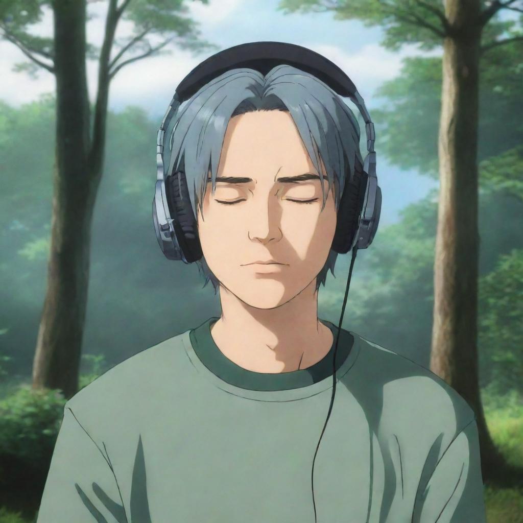 Muichiro Tokito from the anime 'Demon Slayer', headphones on, eyes closed, and connecting with music in an immersive and peaceful setting.