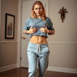 A young 18-year-old blonde woman, wearing a gray blouse that reaches her belly and white sneakers, stands in a room with a sexy and playful demeanor