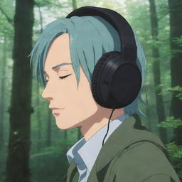 Muichiro Tokito from the anime 'Demon Slayer', headphones on, eyes closed, and connecting with music in an immersive and peaceful setting.