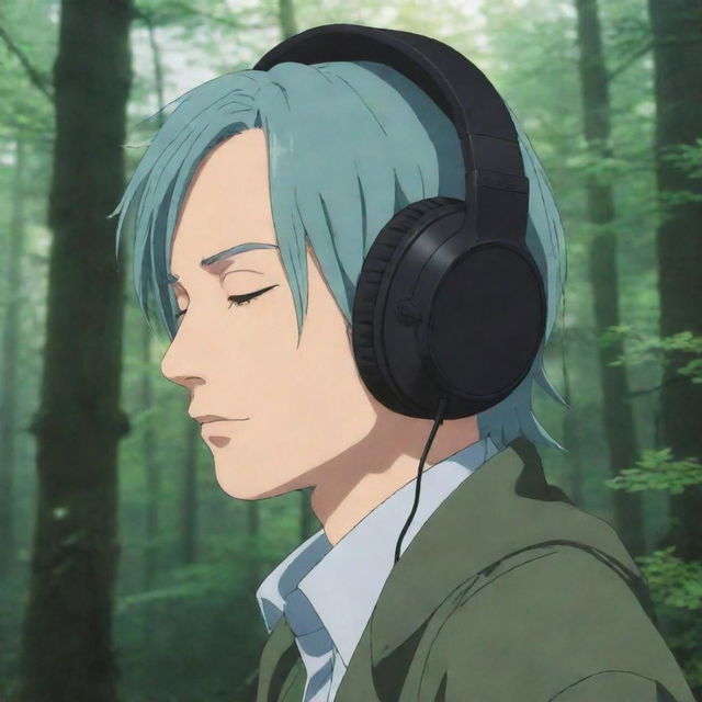 Muichiro Tokito from the anime 'Demon Slayer', headphones on, eyes closed, and connecting with music in an immersive and peaceful setting.