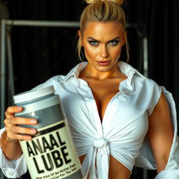 A close-up shot of a gorgeous female with a blonde bun, wearing a white shirt tied in front, which accentuates her large chest and prominent cleavage