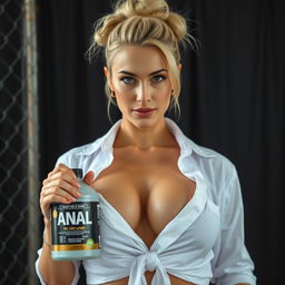 A close-up shot of a gorgeous female with blonde hair styled in a bun, wearing a white shirt tied in front to accentuate her large chest and cleavage