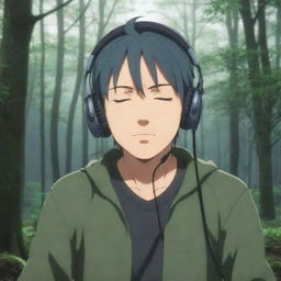 Muichiro Tokito from the anime 'Demon Slayer', headphones on, eyes closed, and connecting with music in an immersive and peaceful setting.