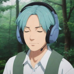 Muichiro Tokito from the anime 'Demon Slayer', headphones on, eyes closed, and connecting with music in an immersive and peaceful setting.