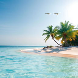 A serene beach with clear blue water gently lapping onto the soft white sand