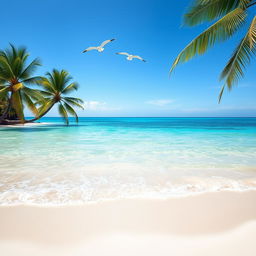 A serene beach with clear blue water gently lapping onto the soft white sand