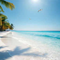 A serene beach with clear blue water gently lapping onto the soft white sand