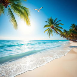 A serene beach with clear blue water gently lapping onto the soft white sand