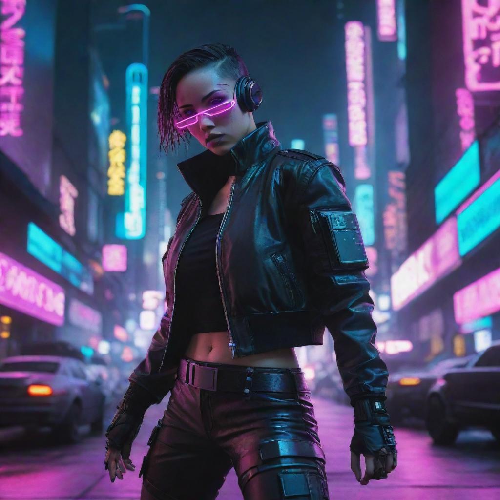 A cyberpunk character dynamically positioned, with neon city backdrop, all set to an audible invasion of futuristic synthesized music. The vibe of the entire scene radiates a fight rhythm.