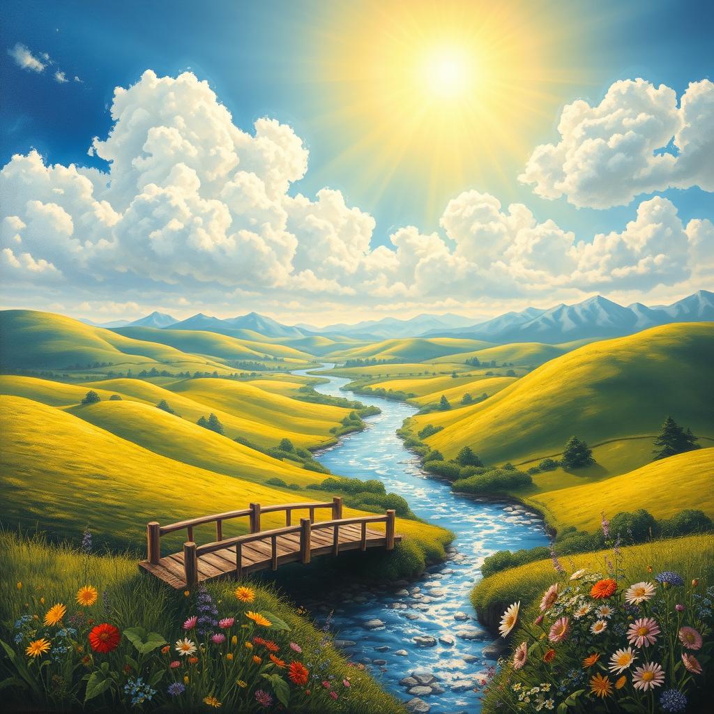 A beautiful and detailed painting of a serene landscape featuring rolling hills, lush green fields, and a sparkling river winding through the scene