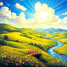 A beautiful and detailed painting of a serene landscape featuring rolling hills, lush green fields, and a sparkling river winding through the scene