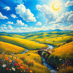 A beautiful and detailed painting of a serene landscape featuring rolling hills, lush green fields, and a sparkling river winding through the scene