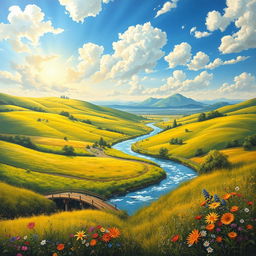 A beautiful and detailed painting of a serene landscape featuring rolling hills, lush green fields, and a sparkling river winding through the scene