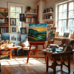 A beautifully detailed painting easel setup in an artist's studio, displaying a vibrant canvas with an unfinished landscape painting