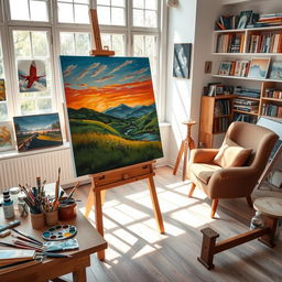 A beautifully detailed painting easel setup in an artist's studio, displaying a vibrant canvas with an unfinished landscape painting