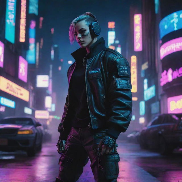 A cyberpunk character dynamically positioned, with neon city backdrop, all set to an audible invasion of futuristic synthesized music. The vibe of the entire scene radiates a fight rhythm.