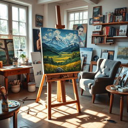 A beautifully detailed painting easel setup in an artist's studio, displaying a vibrant canvas with an unfinished landscape painting