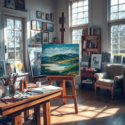 A beautifully detailed painting easel setup in an artist's studio, displaying a vibrant canvas with an unfinished landscape painting