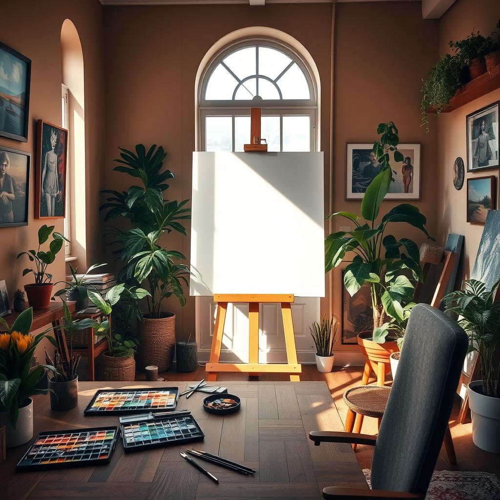 An artist's creative workspace featuring a large canvas set against a sunlit window, paint brushes and vibrant oil paints scattered on a wooden table, a palette with a rainbow of colors, and a comfortable high-backed chair