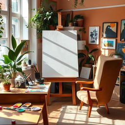 An artist's creative workspace featuring a large canvas set against a sunlit window, paint brushes and vibrant oil paints scattered on a wooden table, a palette with a rainbow of colors, and a comfortable high-backed chair