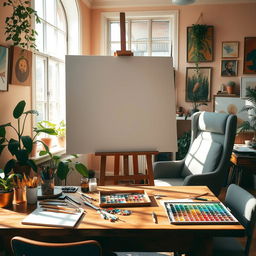 An artist's creative workspace featuring a large canvas set against a sunlit window, paint brushes and vibrant oil paints scattered on a wooden table, a palette with a rainbow of colors, and a comfortable high-backed chair