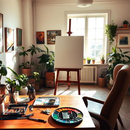 An artist's creative workspace featuring a large canvas set against a sunlit window, paint brushes and vibrant oil paints scattered on a wooden table, a palette with a rainbow of colors, and a comfortable high-backed chair