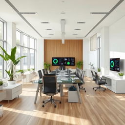 A modern office interior design featuring sleek, minimalist furniture and open space layout