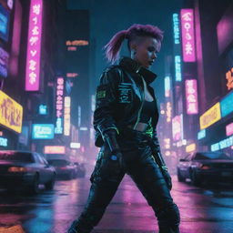 A cyberpunk character dynamically positioned, with neon city backdrop, all set to an audible invasion of futuristic synthesized music. The vibe of the entire scene radiates a fight rhythm.