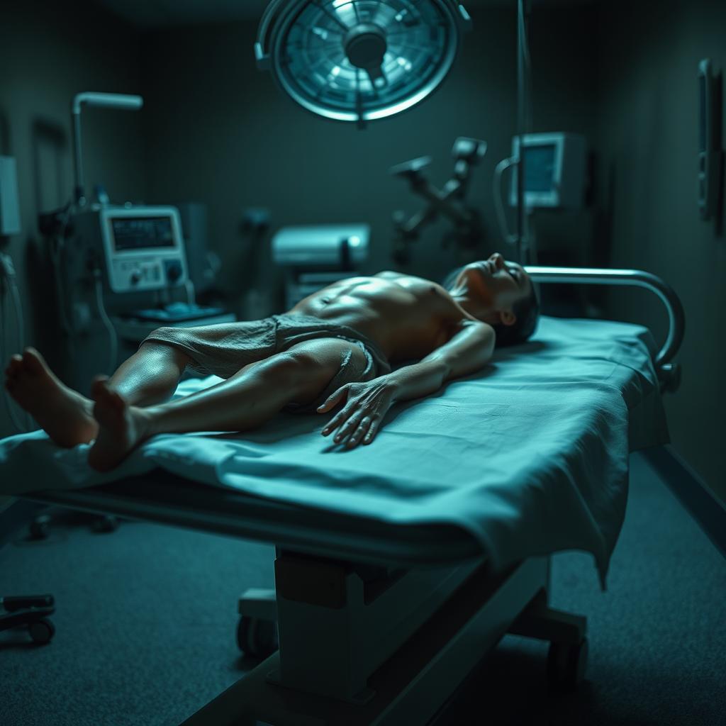 A cadaver lying on a hospital gurney in Ecuador, with a somber atmosphere, surrounded by medical equipment in a dimly lit room