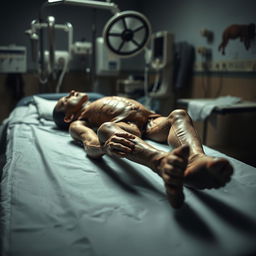 A cadaver lying on a hospital gurney in Ecuador, with a somber atmosphere, surrounded by medical equipment in a dimly lit room