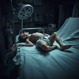 A cadaver lying on a hospital gurney in Ecuador, with a somber atmosphere, surrounded by medical equipment in a dimly lit room