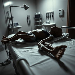 A cadaver lying on a hospital gurney in Ecuador, with a somber atmosphere, surrounded by medical equipment in a dimly lit room