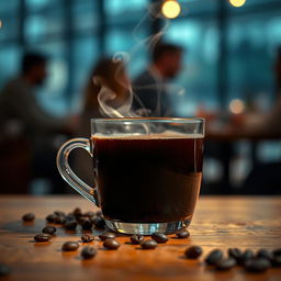 A close-up of a steaming cup of rich, dark coffee placed on a wooden table, with a few coffee beans scattered nearby