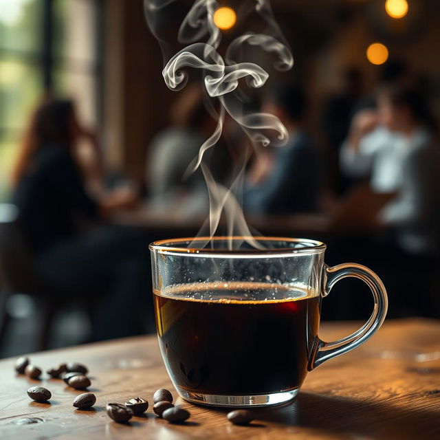 A close-up of a steaming cup of rich, dark coffee placed on a wooden table, with a few coffee beans scattered nearby