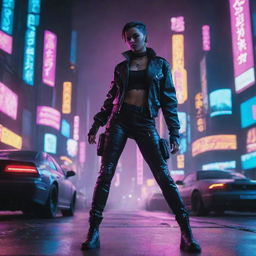 A cyberpunk character dynamically positioned, with neon city backdrop, all set to an audible invasion of futuristic synthesized music. The vibe of the entire scene radiates a fight rhythm.