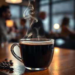 A close-up of a steaming cup of rich, dark coffee placed on a wooden table, with a few coffee beans scattered nearby